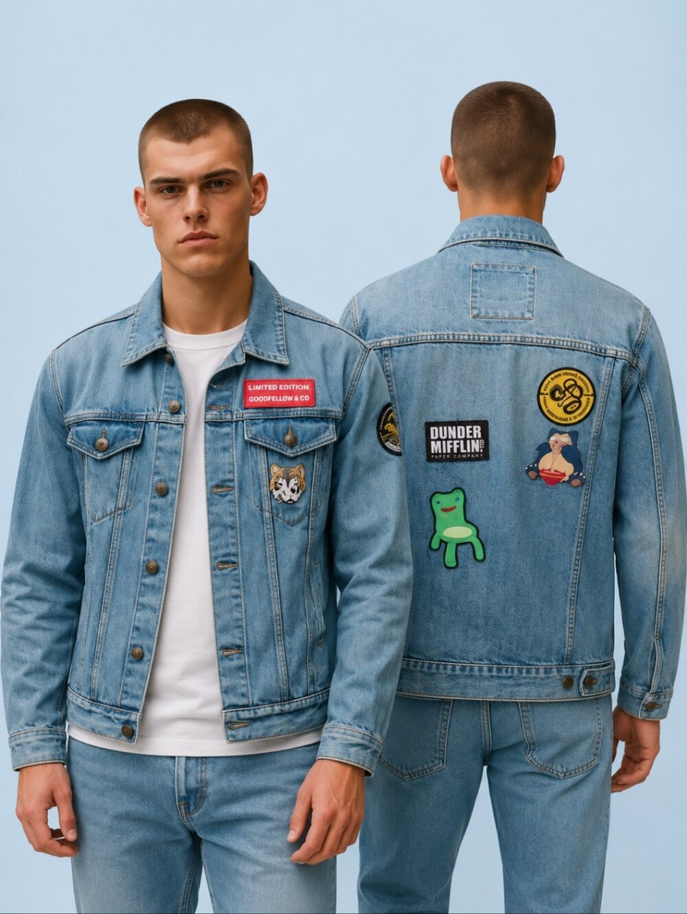 Y2K blue denim jean trucker jacket novelty patches Ninja Turtles The Office Sz M